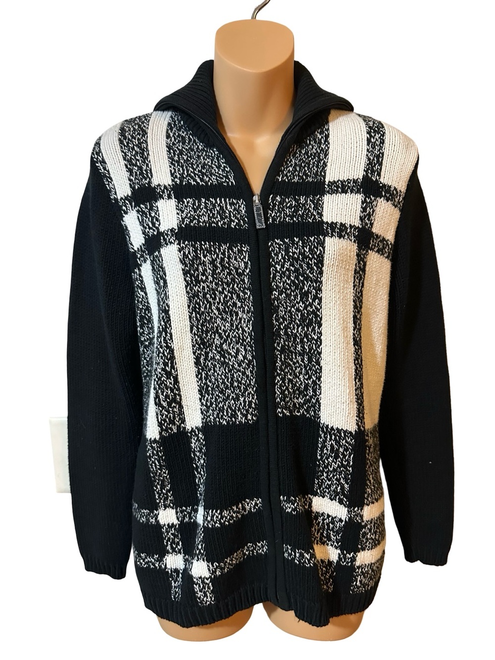Liz Claiborne Chunky Plaid Full Zip Mock Neck Knit Sweater Jacket Black White S